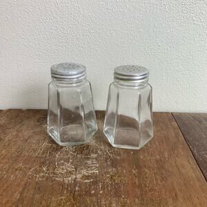 Vintage Faceted Blown Glass Galvanized Aluminum Diner‎ Salt and Pepper Shakers